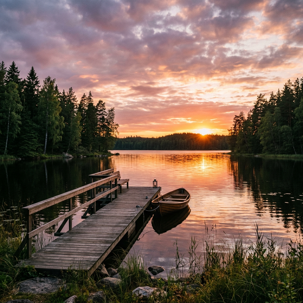 Wooden dock and rowboat on a calm lake at sunset with forested shoreline