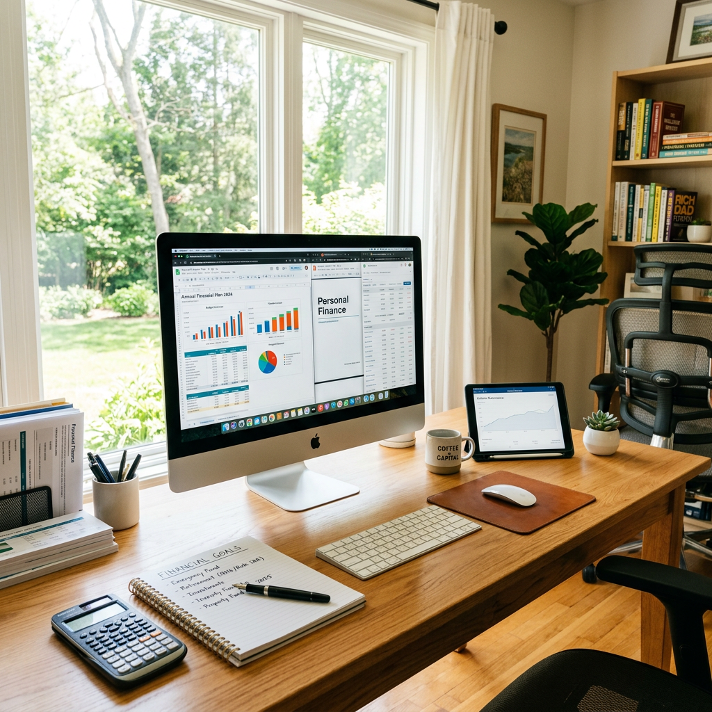 Desktop computer showing financial charts, tablet with graph, calculator, and notebook on wooden desk